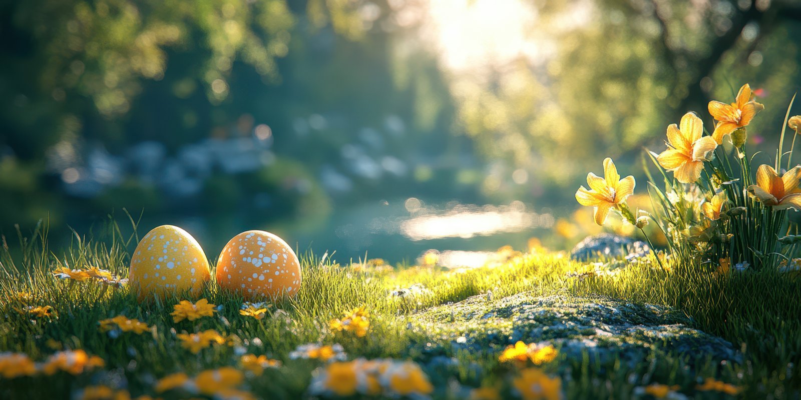 Bright yellow Easter eggs rest on lush green grass surrounded by spring flowers near a serene waterway in the golden hour